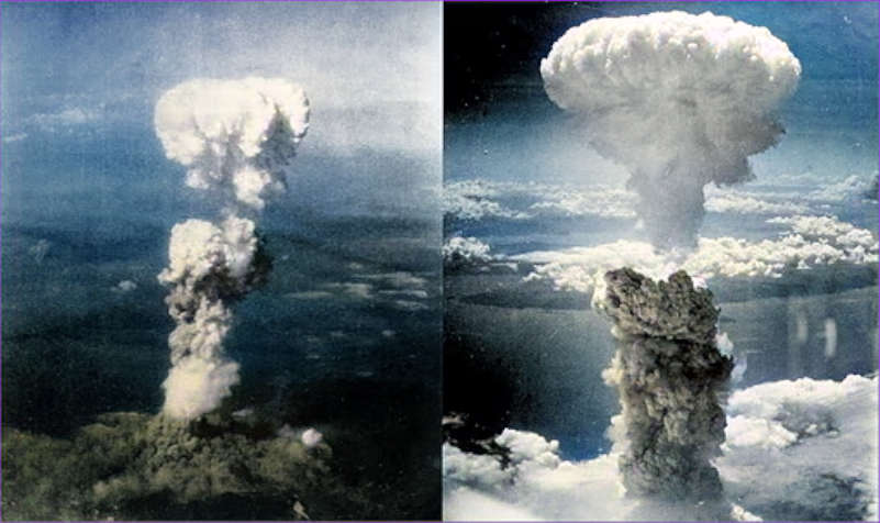 Colorized image of towering mushroom clouds over Hiroshima and Nagasaki following the atomic bombings.